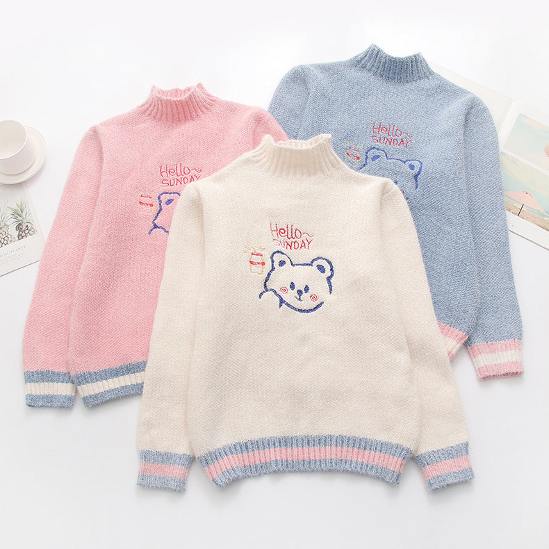 Women's Loose Cartoon Embroidery Half Turtleneck Pullover