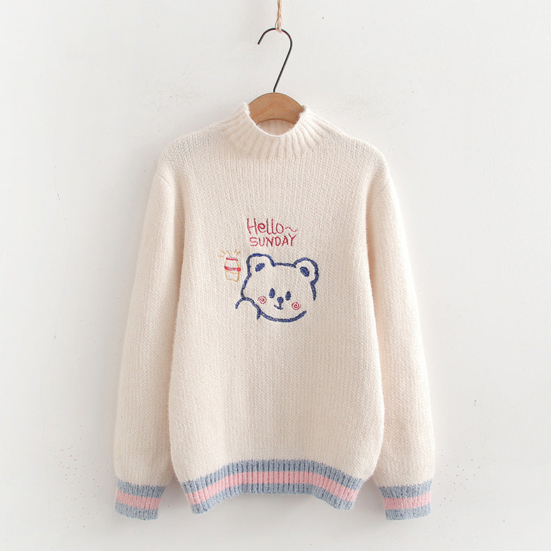Women's Loose Cartoon Embroidery Half Turtleneck Pullover