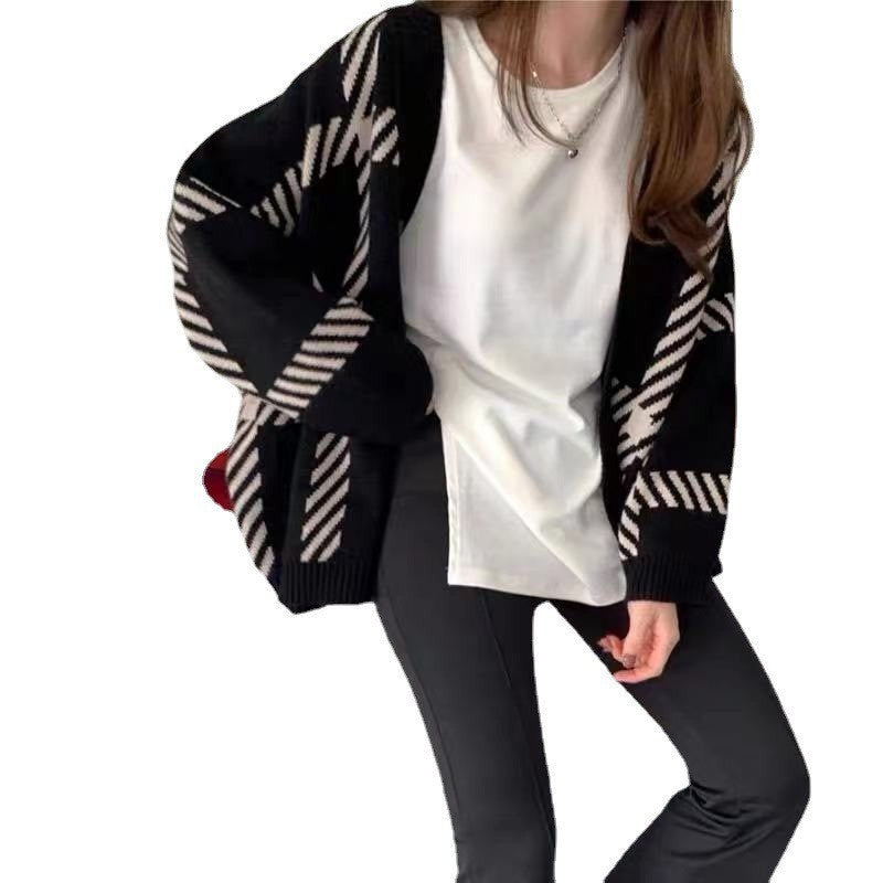 Women's Black Striped Knitted Cardigan
