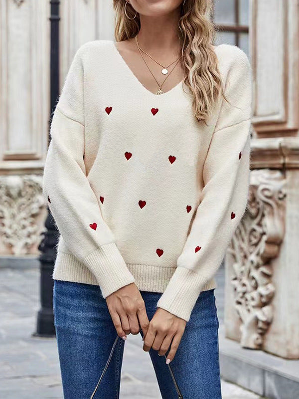 Women's Long-sleeved Pullover Sweater Solid Color Heart-shaped Jacquard Knitted Top