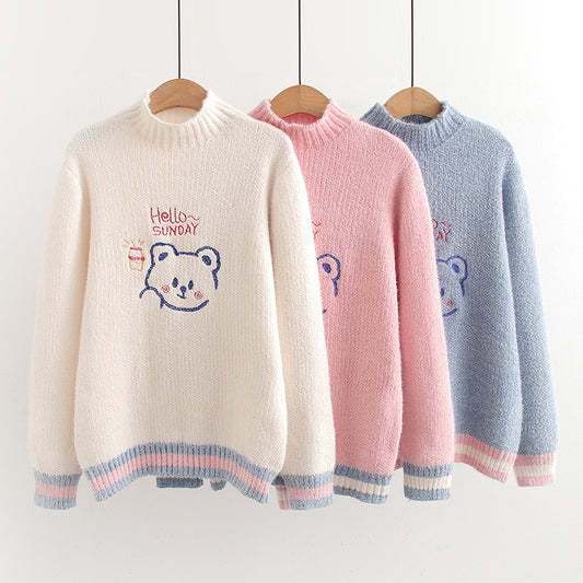 Women's Loose Cartoon Embroidery Half Turtleneck Pullover