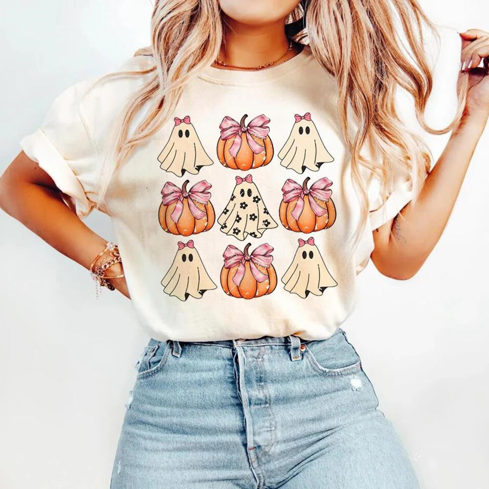 Halloween Pumpkin Bow Fashion Style O-neck Trendy T-shirt