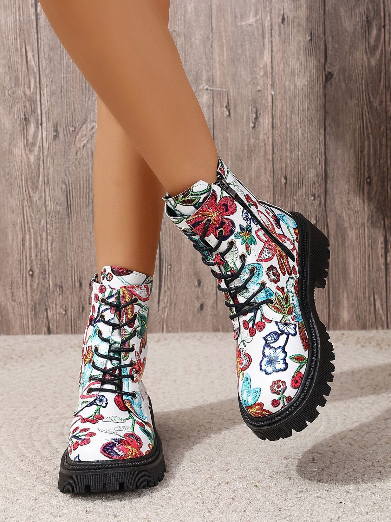 Women's Printing Multicolor Flat Low Heel European And American Fashion Martin Boots