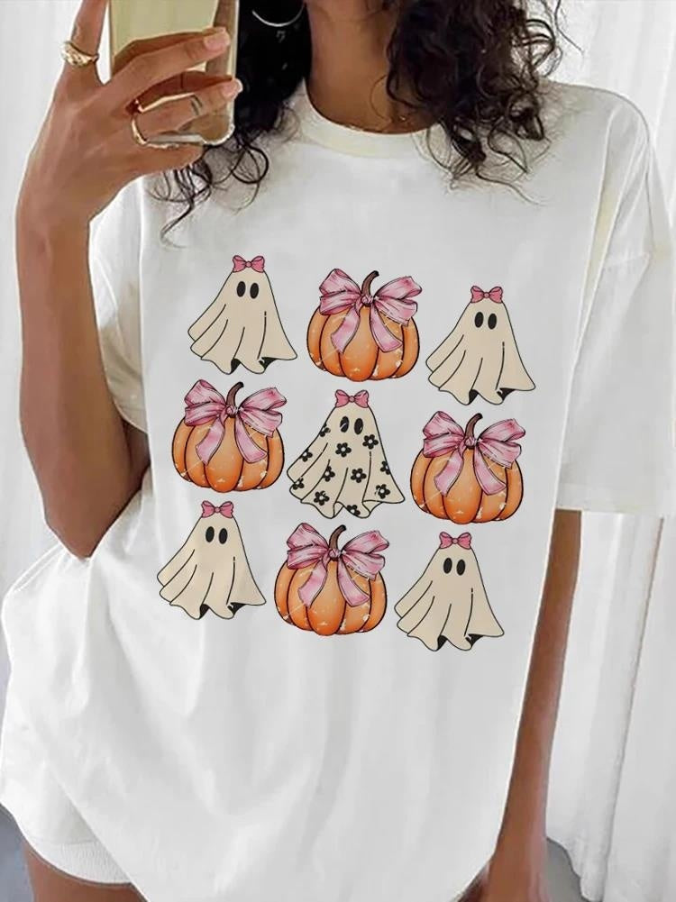 Halloween Pumpkin Bow Fashion Style O-neck Trendy T-shirt