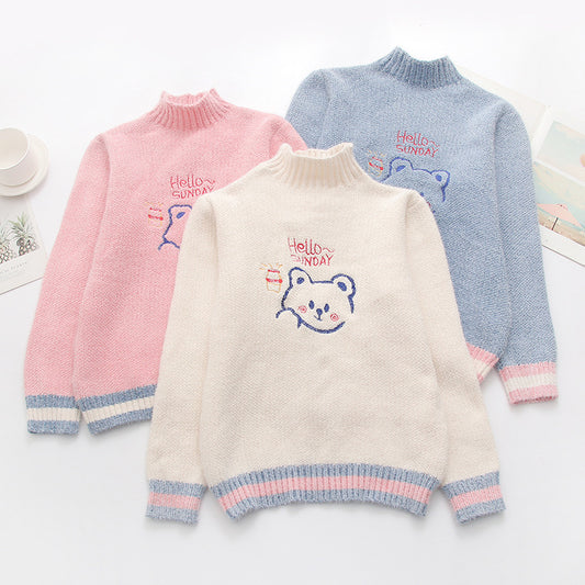 Women's Loose Cartoon Embroidery Half Turtleneck Pullover