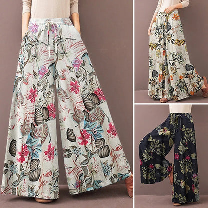 Women's Elastic Waist Casual Floral Wide-leg Pants