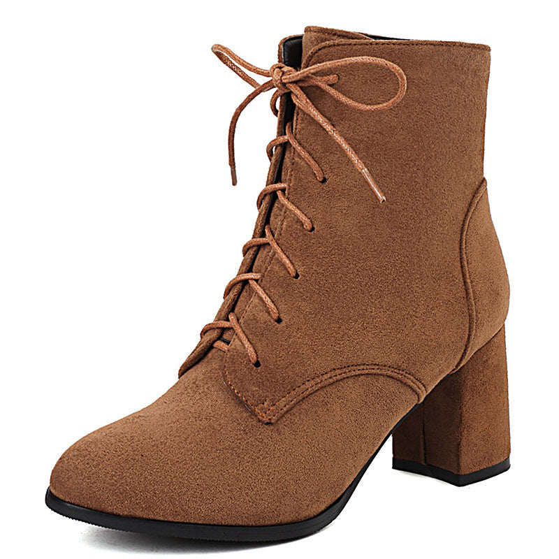 Frosted Short Boots Front Lace-up Chunky Heel