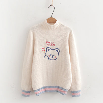 Women's Loose Cartoon Embroidery Half Turtleneck Pullover