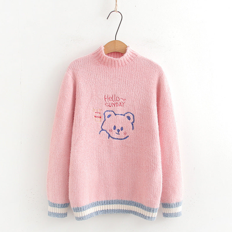 Women's Loose Cartoon Embroidery Half Turtleneck Pullover