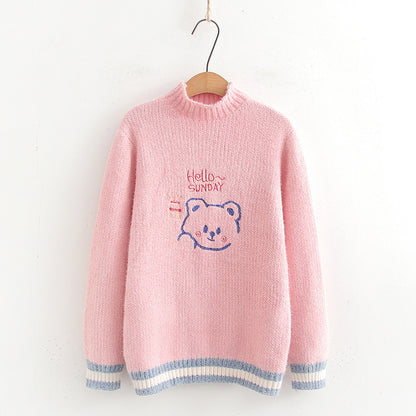 Women's Loose Cartoon Embroidery Half Turtleneck Pullover