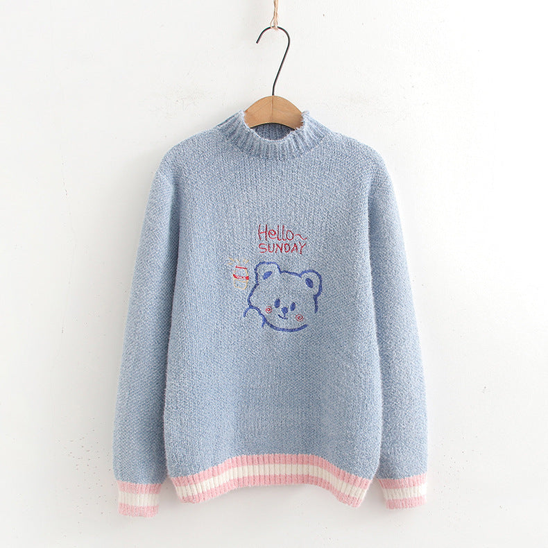 Women's Loose Cartoon Embroidery Half Turtleneck Pullover