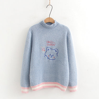 Women's Loose Cartoon Embroidery Half Turtleneck Pullover